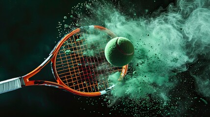 Dynamic shot of a racket hitting a tennis ball, green powder exploding in a cloud around the ball