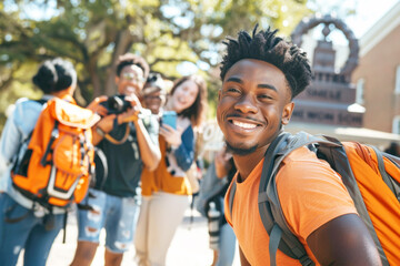 Obraz premium Smiling young man with a backpack enjoying his day on a college campus.