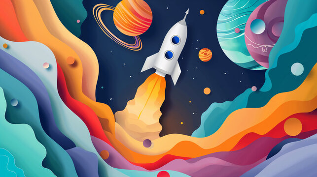 Paper Cutout Art Style Rocket Flying in Space, Start Up Concept, Design Banner Template Flat-Style Cector illustration