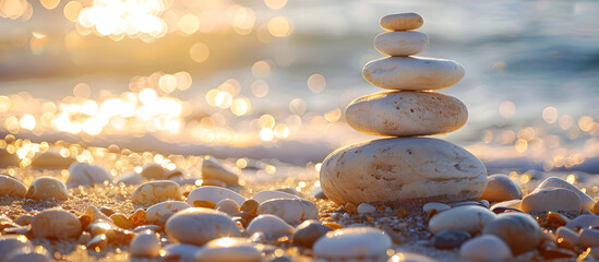 Balanced rock pyramid on pebbled beach with golden sea, conveying meditation spa harmony and balance, with copy space for adding text or design.
