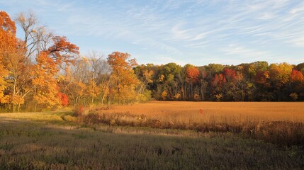 Fototapeta premium Scenic autumn landscape with vibrant fall foliage surrounding an open field in the countryside