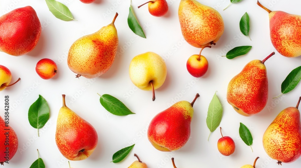 Poster top view of vibrant pear fruits in red yellow and green with leaves isolated on a white background f