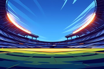 stadium in a colossal scale, in flat style of vector illustration, wide scale, green grass field, and lights shining