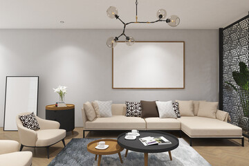 3d render of interior scandinavian living and dining room mock up with cnc  screen and hanging lamp. Light gray wall, wood parquet and white ceiling. Set 5