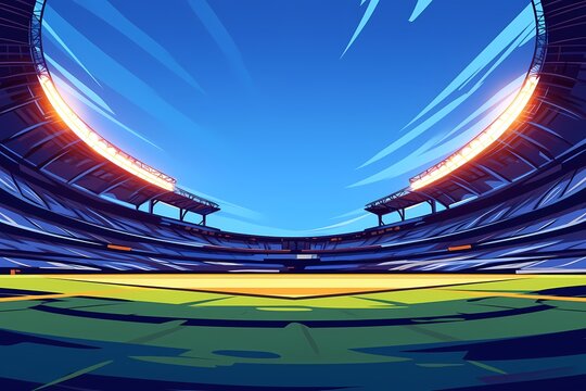 stadium in a colossal scale, in flat style of vector illustration, wide scale, green grass field, and lights shining
