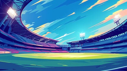 stadium in a colossal scale, in flat style of vector illustration, wide scale, green grass field, and lights shining