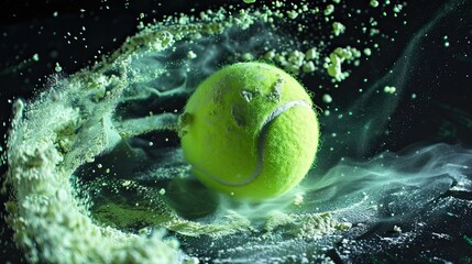 Freeze motion of a tennis ball surrounded by swirling light green powder, isolated on black