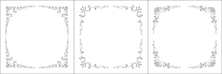 Set of three vector frames. Elegant black and white monochrome ornamental border for greeting cards, banners, invitations. Vector frame for all sizes and formats. Isolated vector illustration.	