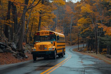 Obraz premium A yellow School Bus navigates a winding forest road in Autumn, surrounded by vibrant foliage. This serene journey is not only safe and scenic but also showcases the beauty of nature