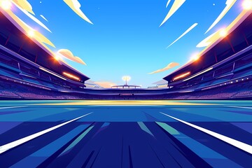 stadium in a colossal scale, in flat style of vector illustration, wide scale, green grass field, and lights shining
