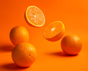 oranges flavor concept on colorful background, focus stacking studio photo
