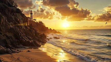 Naklejka premium A sunset over a beach with a lighthouse on a cliff in the background