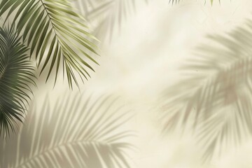 Blurred shadow from palm leaves on the light cream wall. Minimalistic beautiful summer-spring background for product presentation.