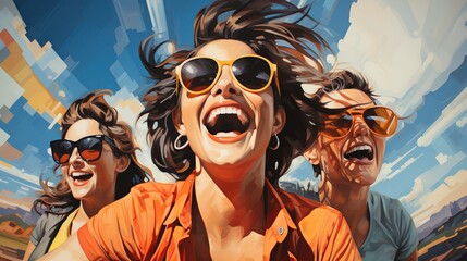 A group of friends on a road trip, smiling and laughing in a convertible with the wind in their hair, embodying the spirit of travel and adventure. Painting Illustration style, Minimal and Simple,