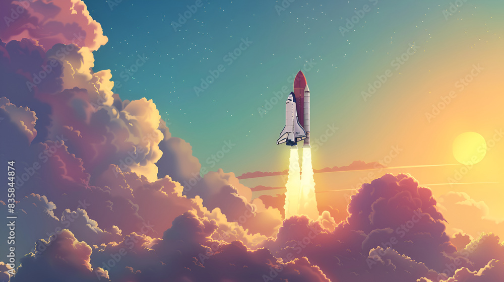 Wall mural Futuristic spaceship takes off into the sunset, exploring natural phenomena generated by artificial intelligence,Rocket launch into outer space,Space rocket in the sky, concept of goal and striving 
