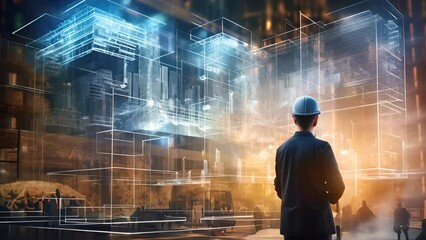 Building engineer and future building construction project concept using HUD hologram graphics,