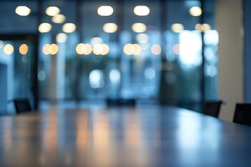 Blurred office interior background with a blurred desk and window light bokeh, a working space in the style of a modern business center for presentation or meeting.