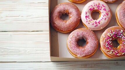 Donuts with decorative glaze in a box on a white wooden surface flat lay display model