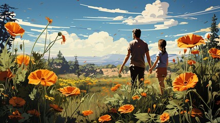 A family tending to their backyard garden, planting vegetables and flowers, and enjoying the therapeutic and bonding benefits of gardening. Painting Illustration style, Minimal and Simple,