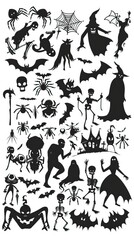 Big Set of halloween silhouettes black icon and character. Vector illustration. Isolated on white background