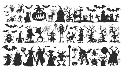 Big Set of halloween silhouettes black icon and character. Vector illustration. Isolated on white background