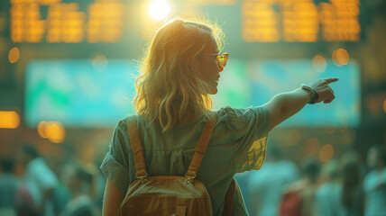 woman pointing while green background, generative ai