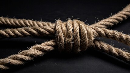 Knotted rope on black background, Fastenings formed by looping and tying a rope - symbol of unity , attachment and friendships or ties with chosen partner