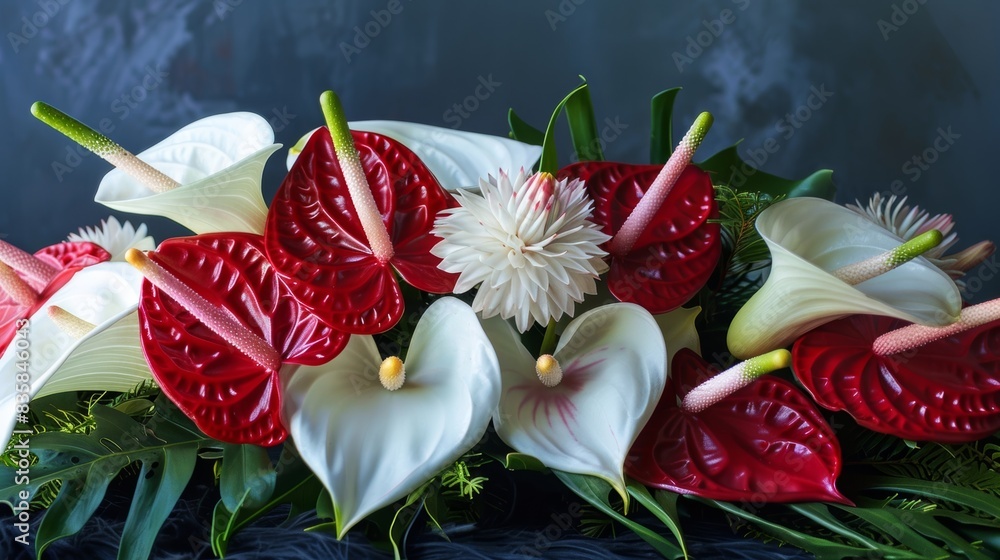 Poster a elegant display of calla lilies anthuriums and proteas creating a striking contrast of white and r