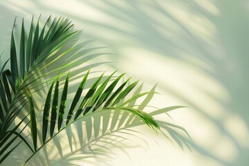 Blurred shadow from palm leaves on the light cream wall. Minimalistic beautiful summer-spring background for product presentation.