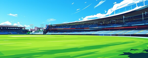 stadium in a colossal scale, in flat style of vector illustration, wide scale, green grass field, and lights shining