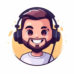 Obraz premium podcast or streaming logo concept, happy man character with headphones and microphone, flat illustration isolated