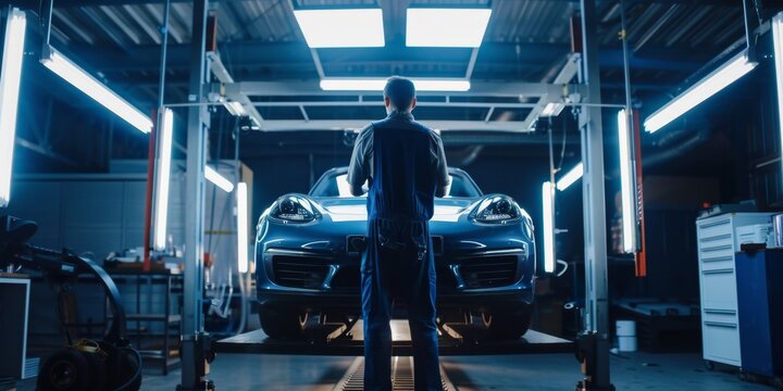 Skilled Mechanic Inspecting Car on Lift - Labor Day Overtime. A skilled mechanic diligently inspects a vehicle raised on a lift, showcasing the dedication and hard work of laborers during Labor Day
