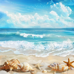 Natural blurred background for summer vacation, nature concept of tropical summer beach with rays of sunshine, soft sand, sparkling sea water with blue sky.