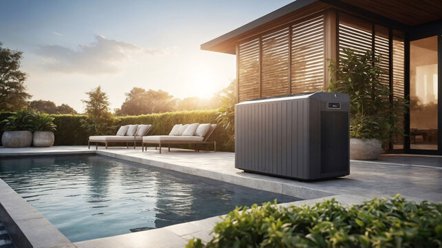 Swimming pool heat pump. Heat pump installed in the garden next to outdoor swimming pool	