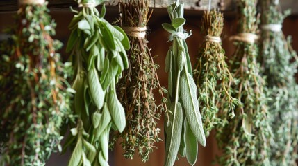 Obraz premium Dried sage oregano and thyme hanging in the kitchen ready to add flavor to any meal.