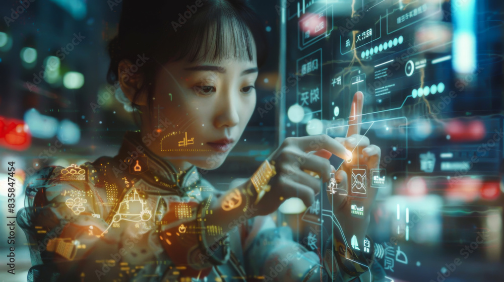 Poster a hand is pointing at a computer screen with a blue and orange design. the design is made up of vari