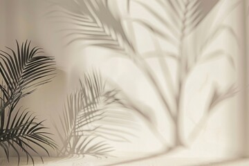Blurred shadow from palm leaves on the light cream wall. Minimalistic beautiful summer-spring background for product presentation.