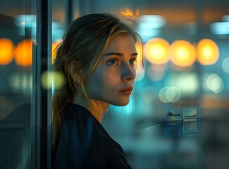 Fototapeta premium Portrait of a beautiful blonde woman looking out a window at night