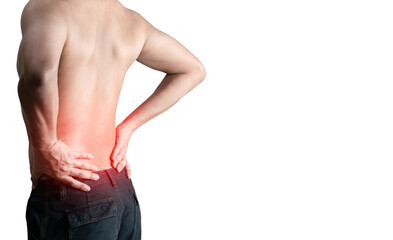 Man has pain and inflammation on his back, white background