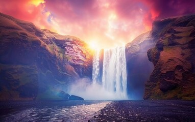 Majestic nature of Iceland. Impressively View on Skogafoss Waterfall with colorful sky glowing sunlight, during sunrise. Skogafoss the most famous is very beautiful