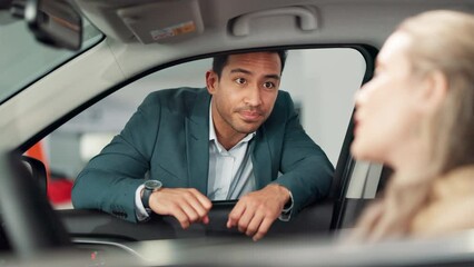 Girl, salesman and vehicle for dealership, sale and discussion for auto deal or purchase. Woman, buyer and pitch with features, promotion and new car for transportation or travel for ownership choice