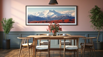 A couple enjoying a weekend getaway at a cozy mountain cabin, with snow-capped peaks in the distance, capturing the essence of romantic travel. Painting Illustration style, Minimal and Simple,