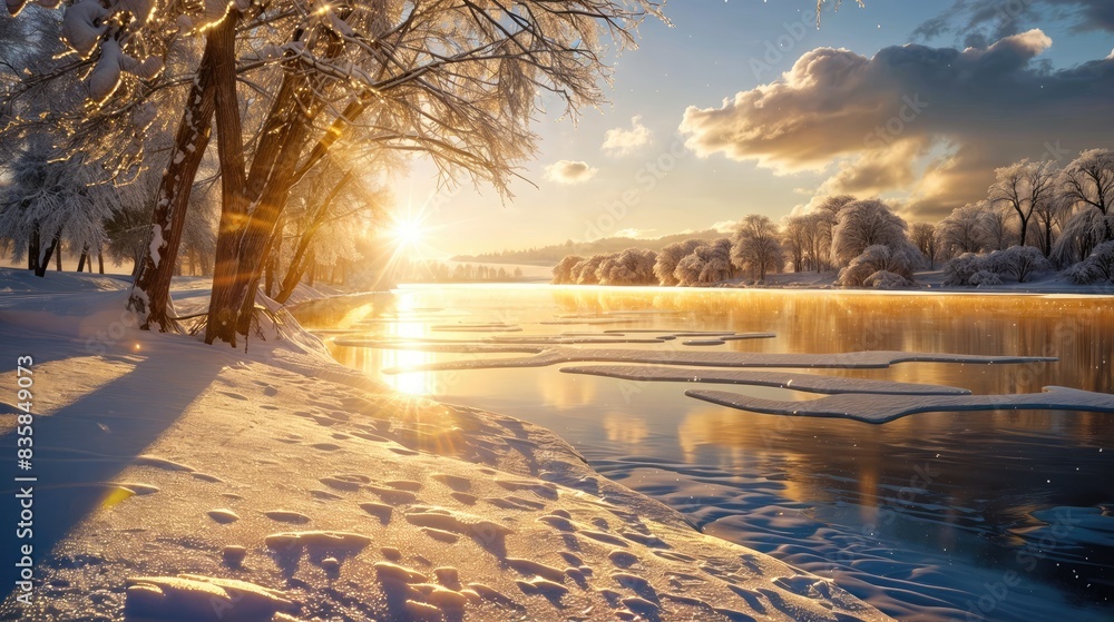 Wall mural snow-covered shore with trees and a frozen lake the sun is shining brightly