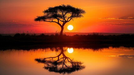 Fototapeta premium Views of African trees with sunset, silhouette trees with sunset