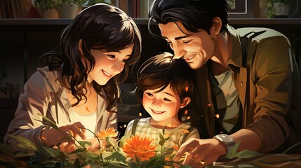 Parents teaching their children the importance of recycling, sorting materials together at home, promoting environmental awareness and family unity. Painting Illustration style, Minimal and Simple,