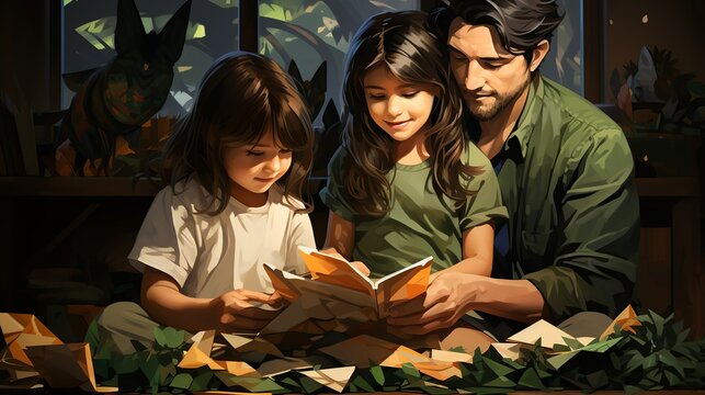 Parents teaching their children the importance of recycling, sorting materials together at home, promoting environmental awareness and family unity. Painting Illustration style, Minimal and Simple,