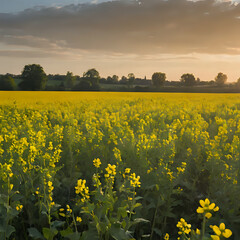 Obraz premium yellow flowers in a field with a sunset in the background
