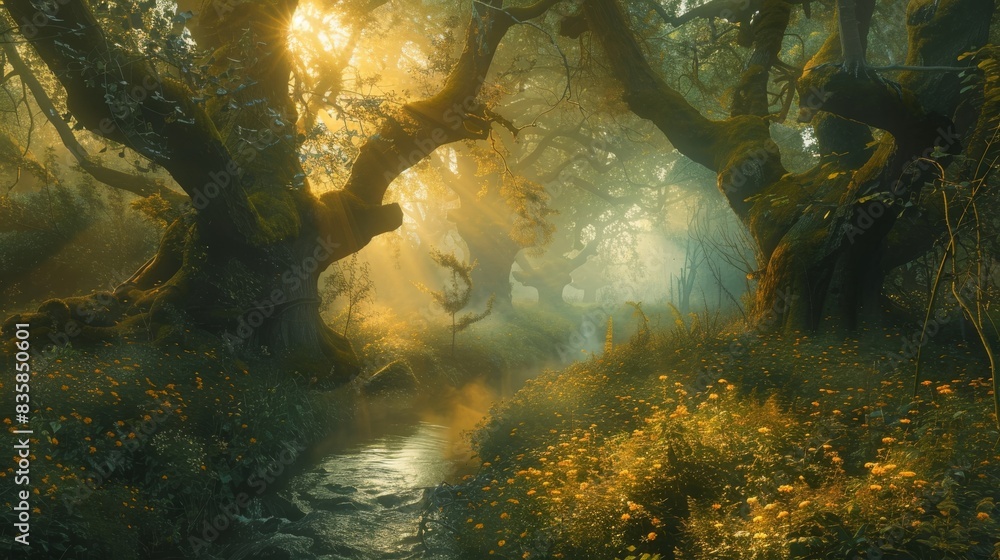 Aufkleber sunlight streams through the trees in a misty forest