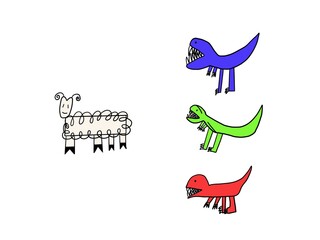 Sheep cartoon character and red monster green and blue hand painted cute cartoon The hunter and the hunted.