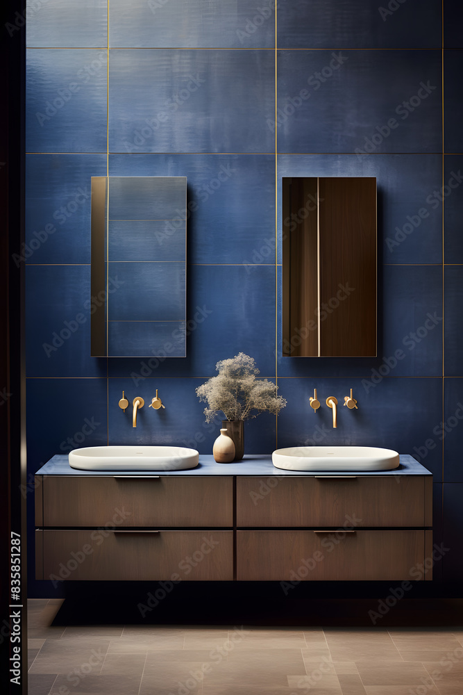 Wall mural Modern luxury bathroom interior in navy blue and gold colors - Wall murals